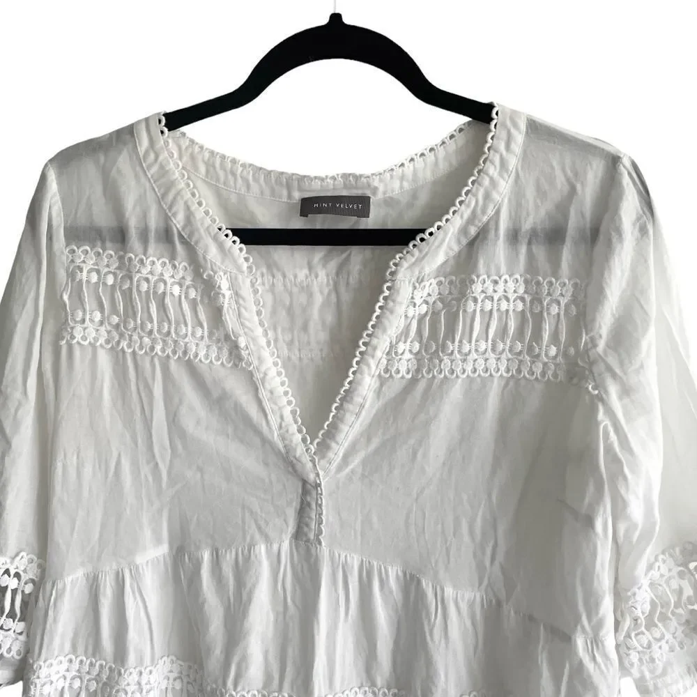 MINT VELVET White Cotton Short Sleeve Embroidered Tunic Mini Dress Coverup L